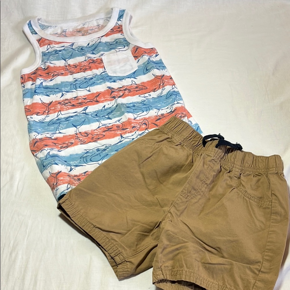 Tan shorts and shark tank top, size 5/6
